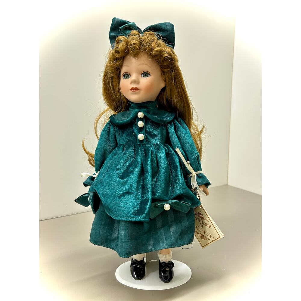 Victorian Girl 13 inch Fashion Doll – VTG Porcelain, Glass Eyes + Tag & Stand